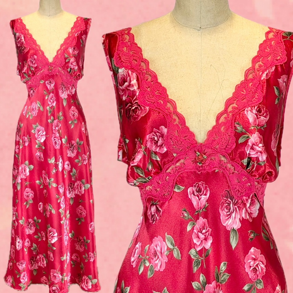 VINTAGE 80s Victorian rose‎ nightgown slip dress lace sleeveless slinky silky